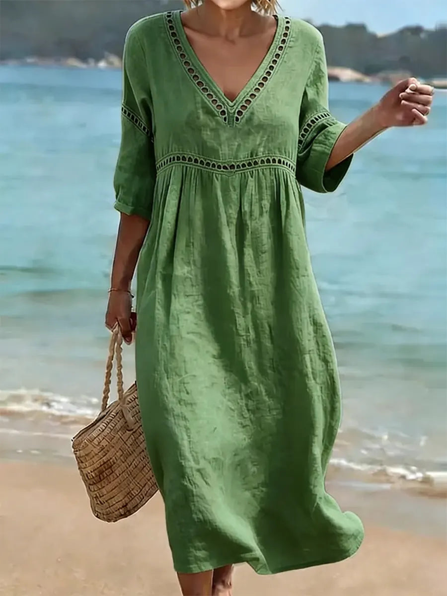 V-Neck Crochet Lace Trim Half Sleeve Loose Cotton Maxi Dress 3