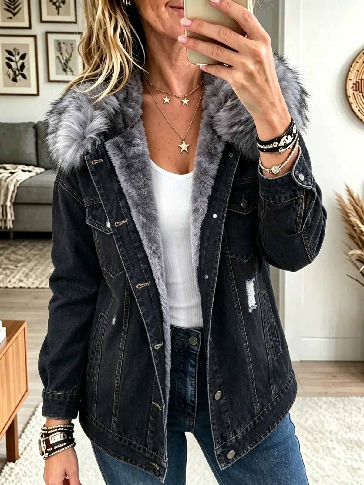 Faux Fur Collar Fleece Lined Distressed Longline Denim Jacket 4