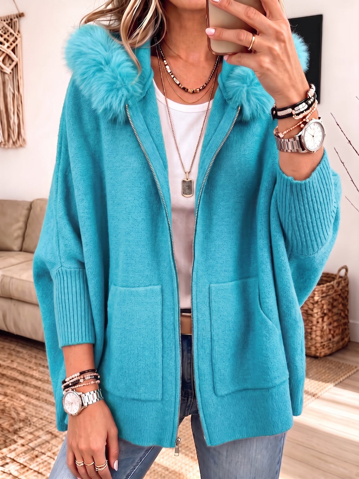 Faux Fur Hood Zip-Up Patch Pocket Oversized Knit Cardigan 2