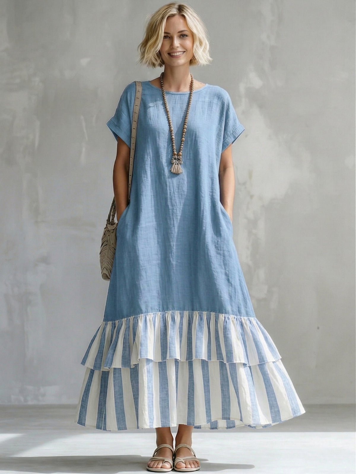 Round Neck Short Sleeve Striped Tiered Ruffle Hem Loose Maxi Dress 5