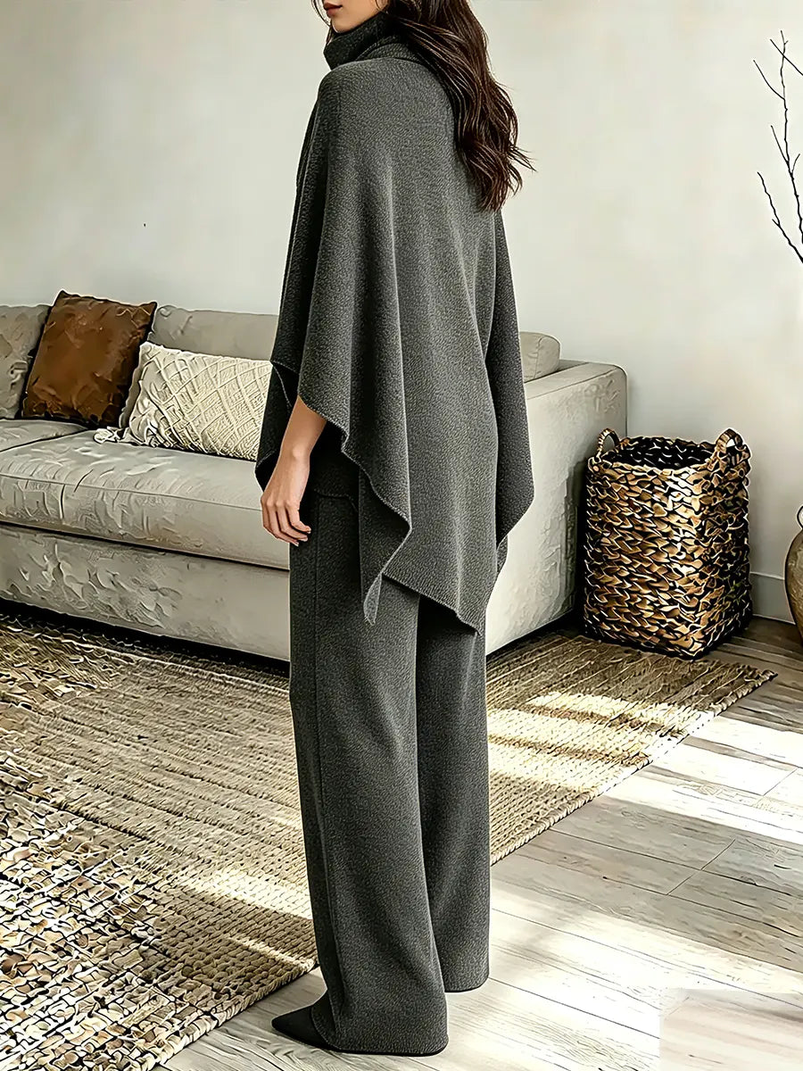 Grey Turtleneck Asymmetric Cape Wide Leg Pants Two-Piece Set 2