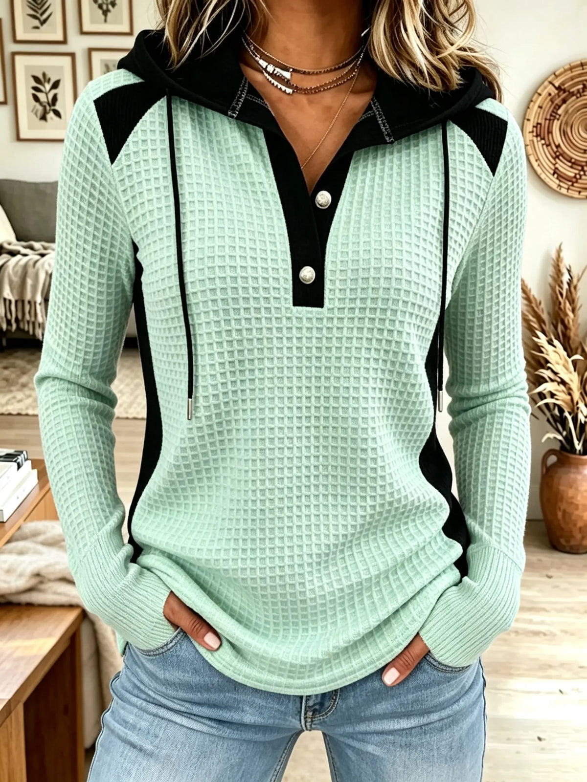 Waffle Knit Colorblock Button Henley Hooded Sweatshirt 9