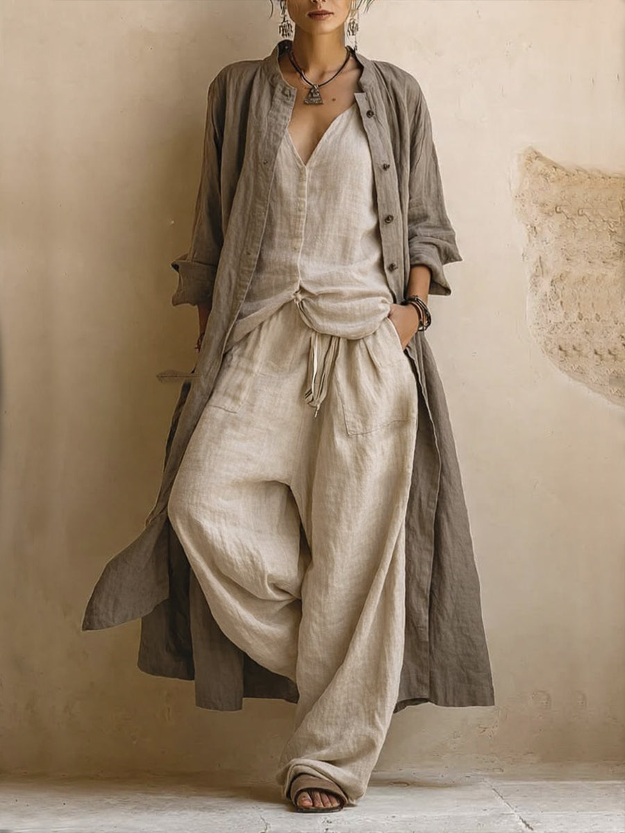 Longline Linen Duster Coat and Wide-Leg Trouser Set