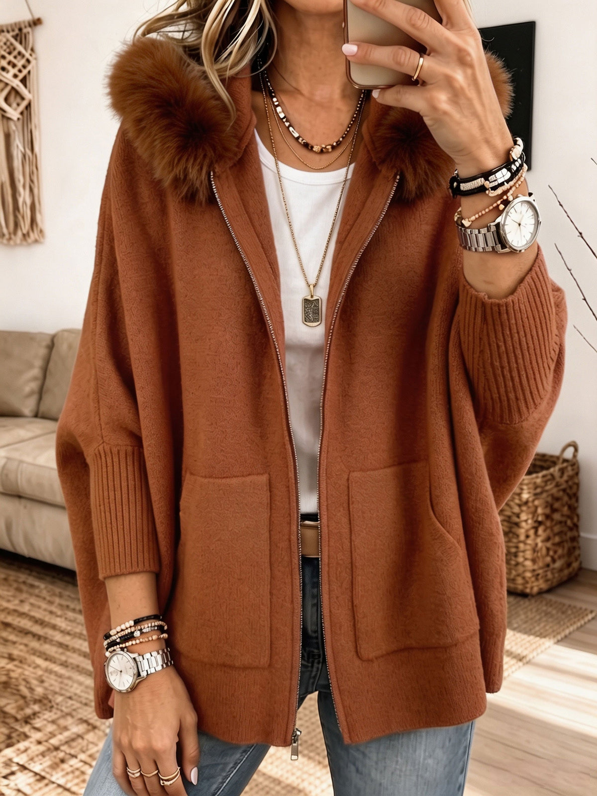Faux Fur Hood Zip-Up Patch Pocket Oversized Knit Cardigan 6