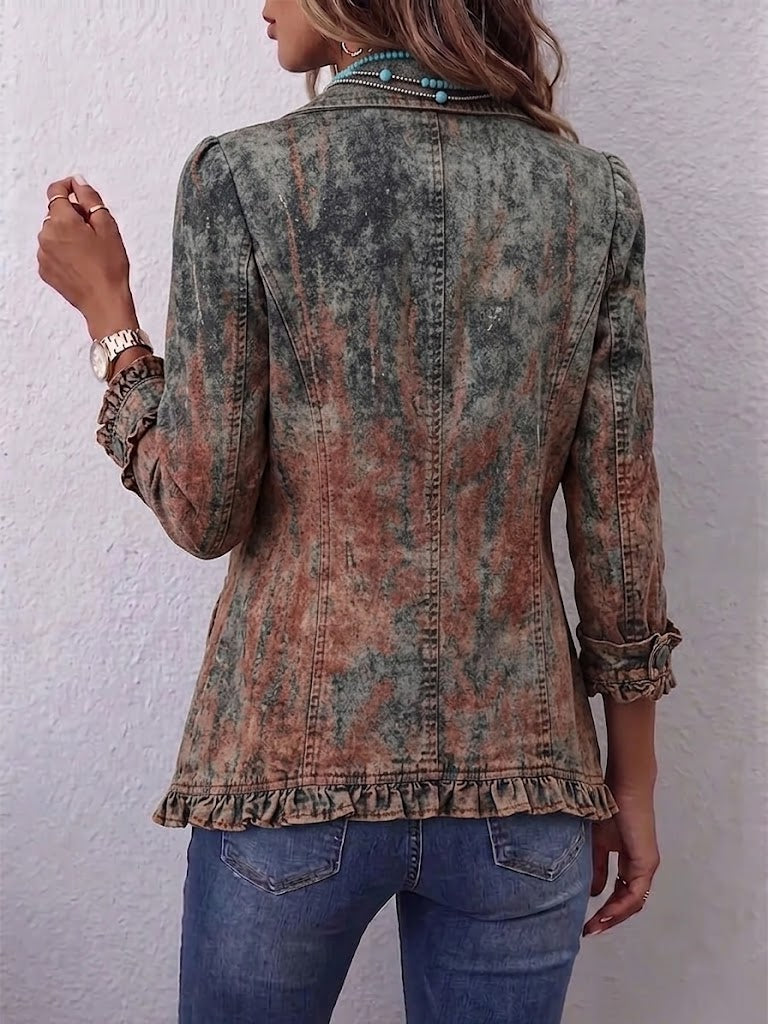 Desert Wash Collared Double-Breasted Ruffle Trim Distressed Textured Long Sleeve Jacket 2