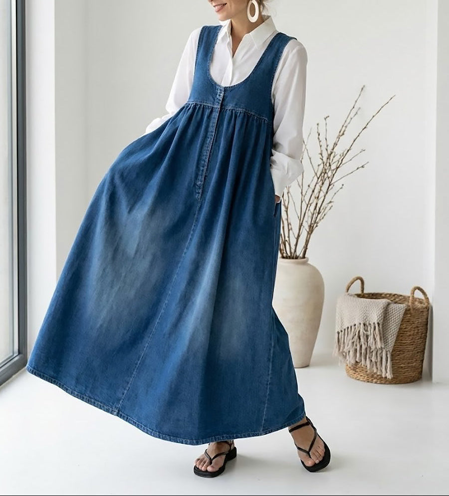 Blue Scoop Neck Sleeveless Washed Denim Empire Waist Flowy Maxi Dress 9