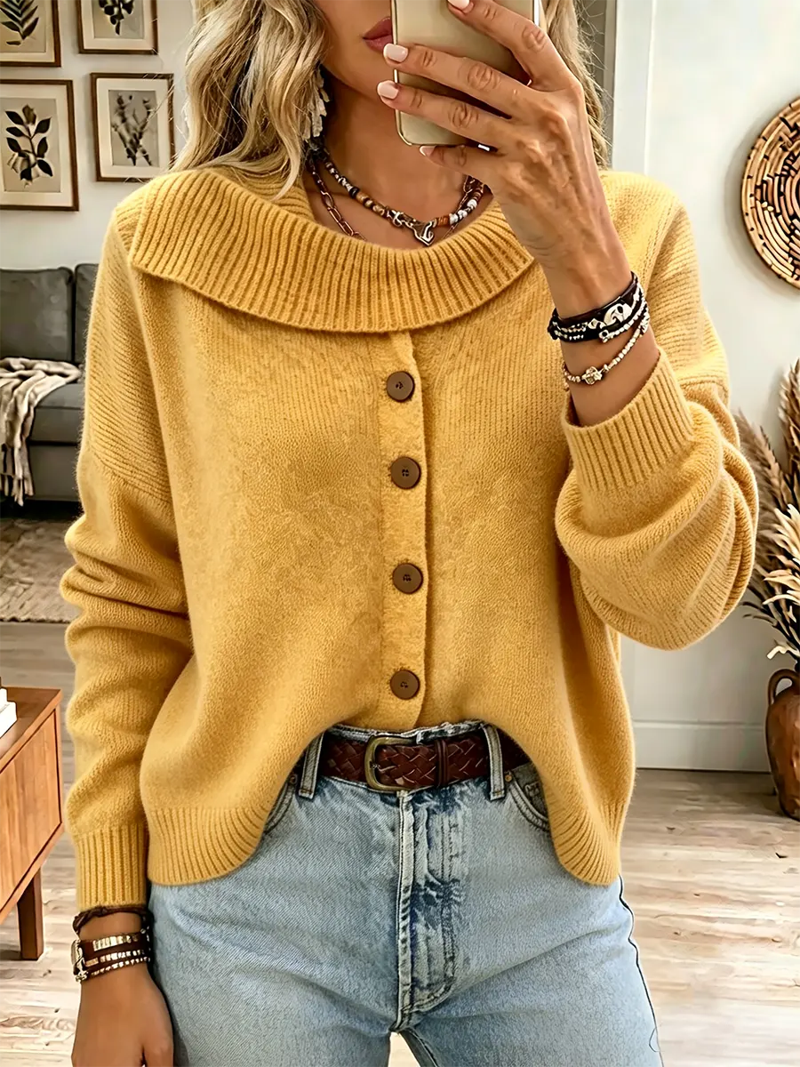 Yellow Foldover Collar Button Front Drop Shoulder Knit Cardigan