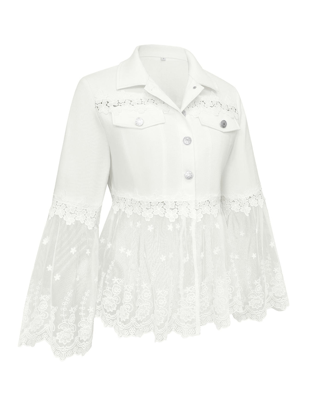 White Collared Floral Lace Mesh Panel Bell Sleeve Denim Jacket 3