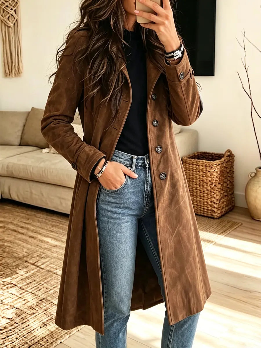 Stand Collar Button Front Suede Longline Coat