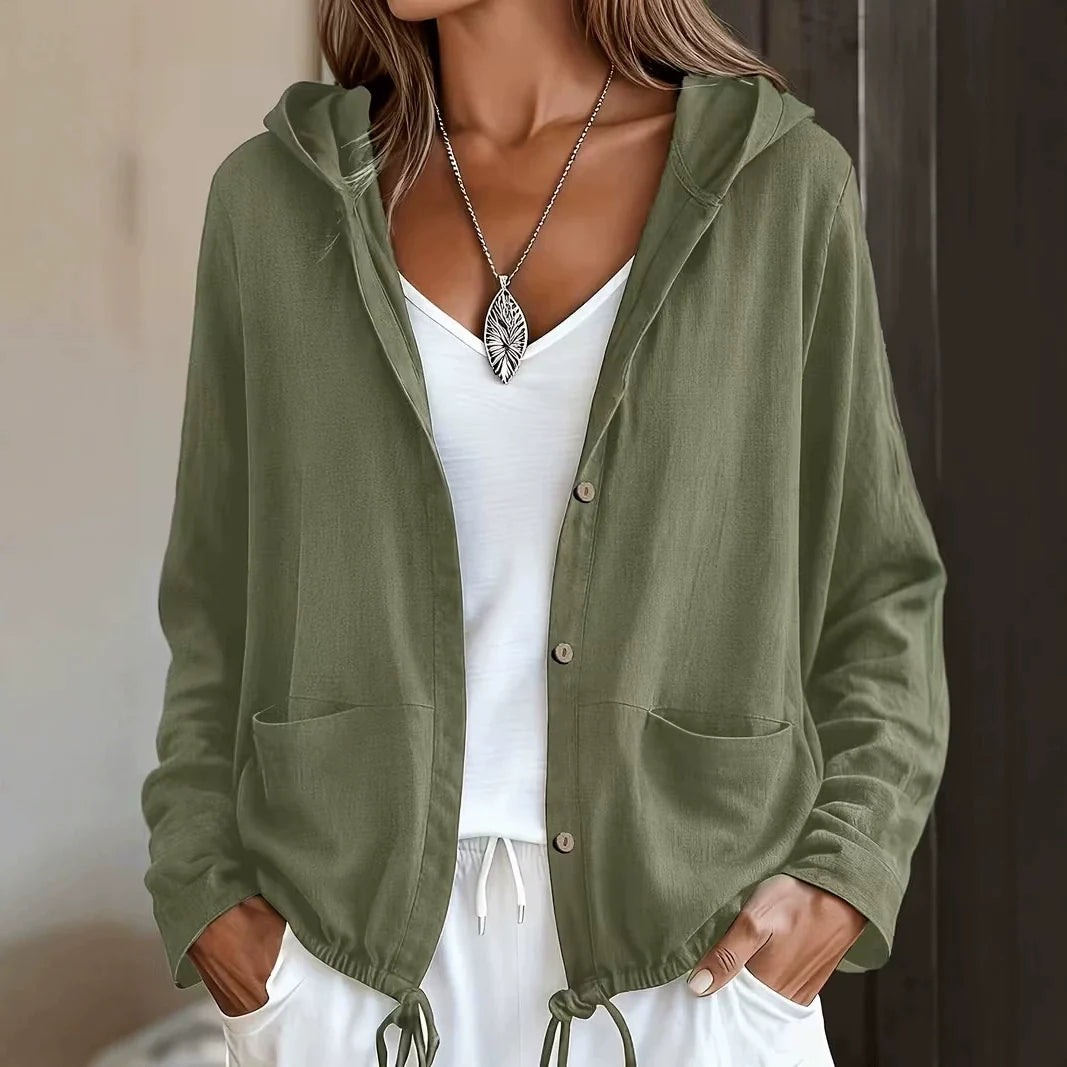 Hooded Button Front Drawstring Hem Patch Pocket Lightweight Jacket 3