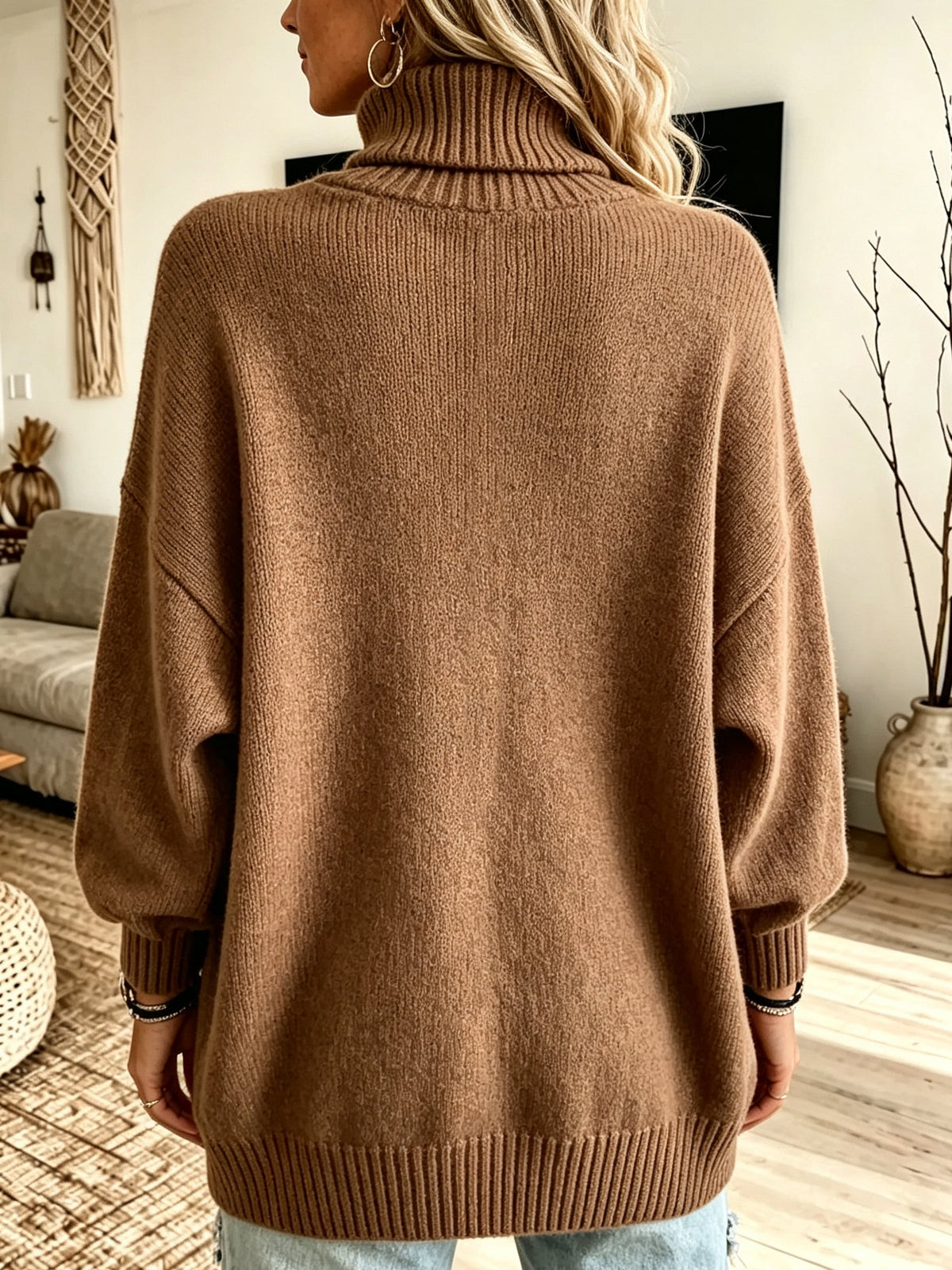 Turtleneck Ribbed Knit Long Sleeve Oversized Sweater 2