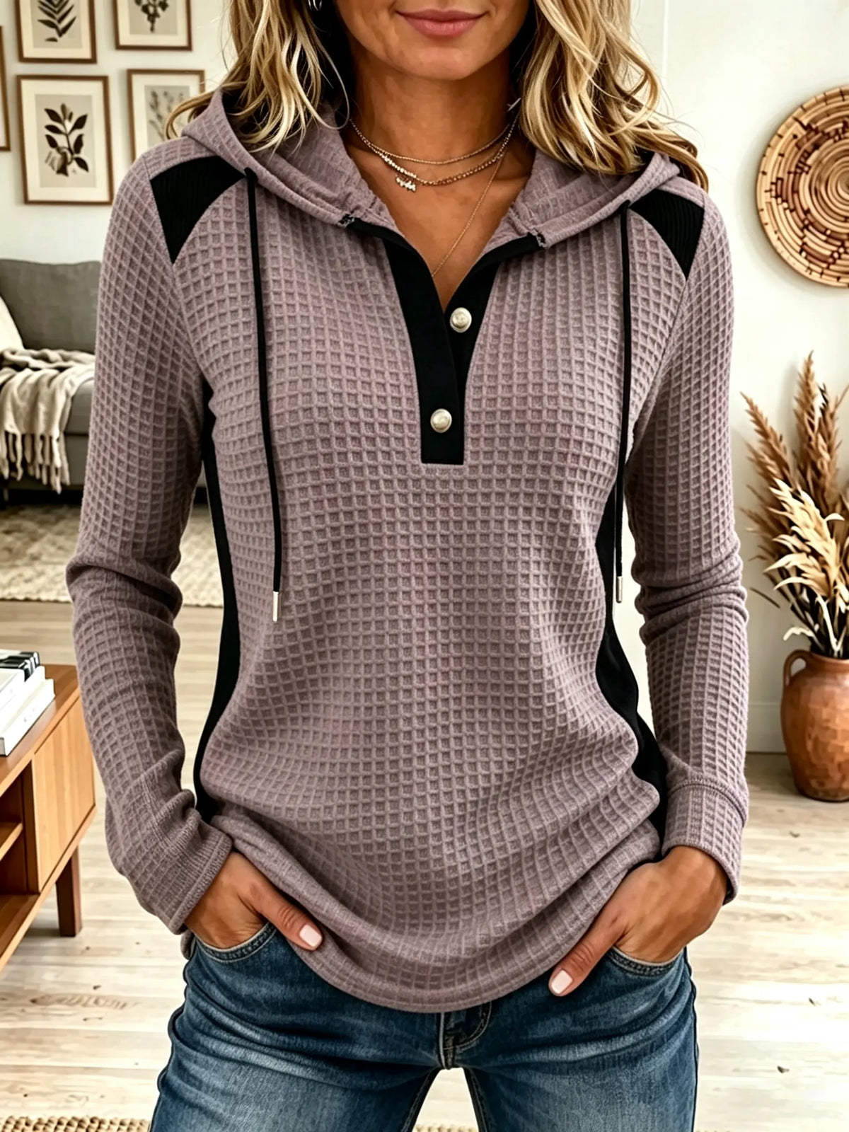 Waffle Knit Colorblock Button Henley Hooded Sweatshirt 3