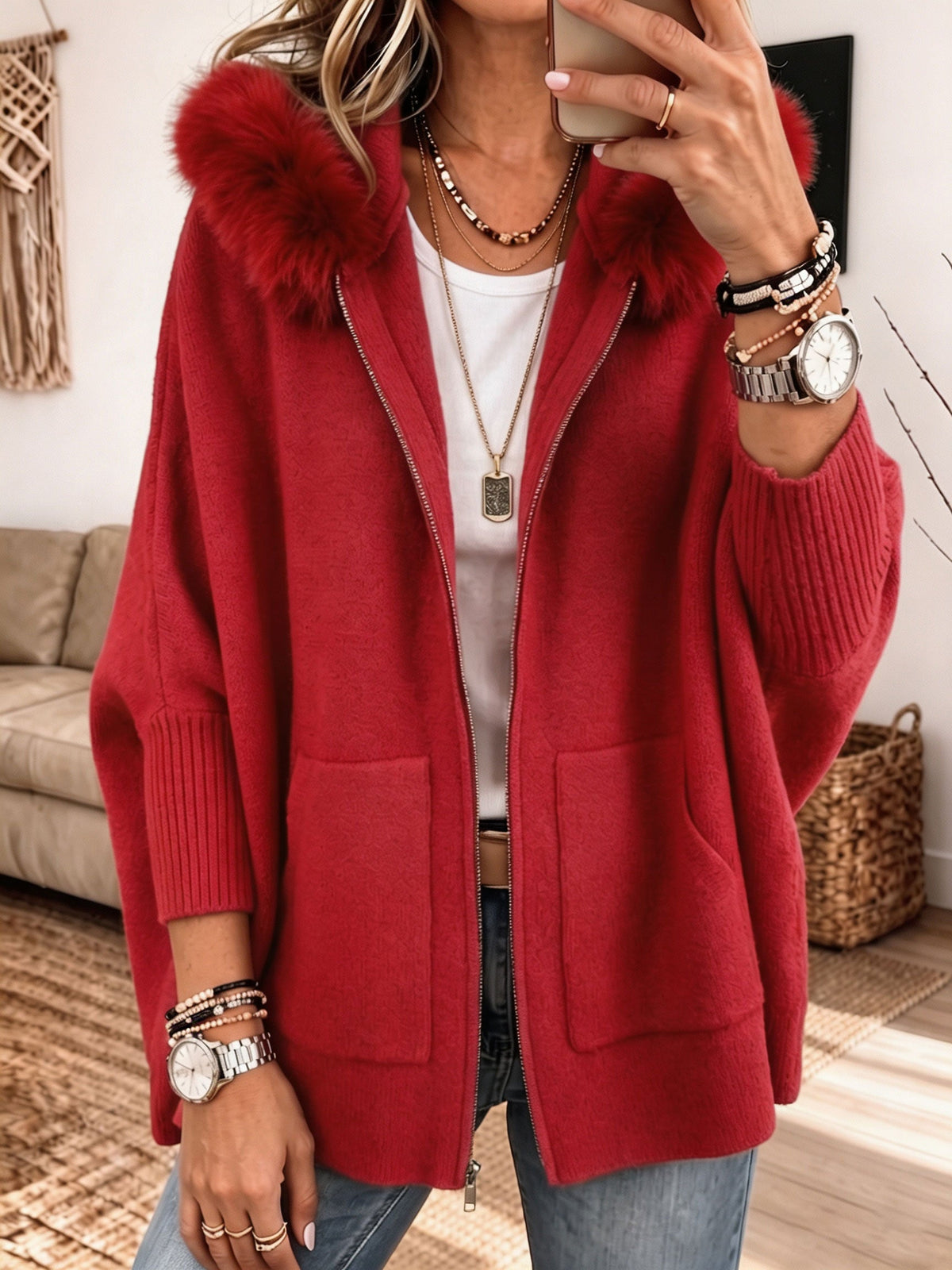 Faux Fur Hood Zip-Up Patch Pocket Oversized Knit Cardigan 5