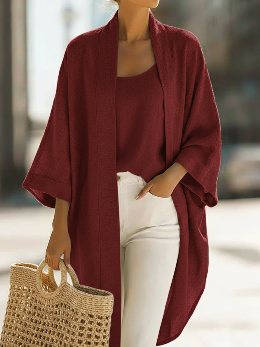 Open Front Batwing Sleeve Linen Cardigan Set 9