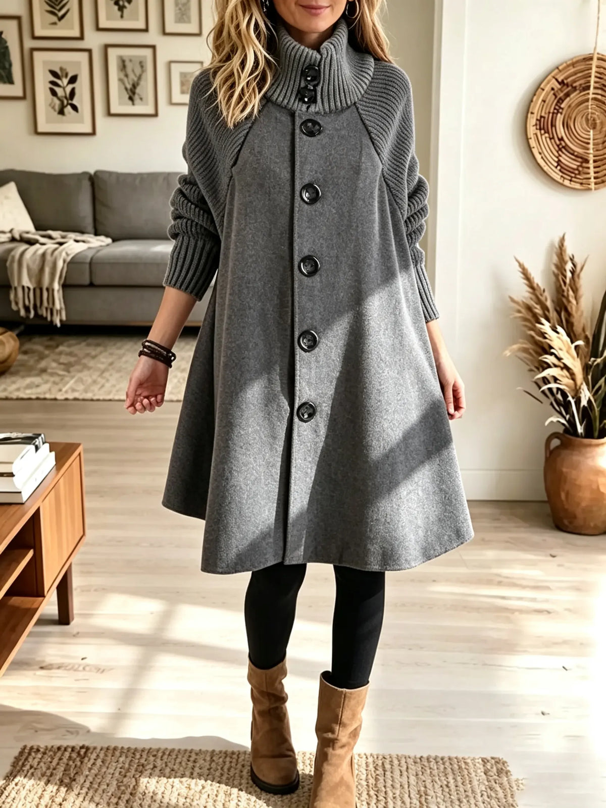 Grey Turtleneck Button Front Knit Sleeve Swing Woolen Cape Coat