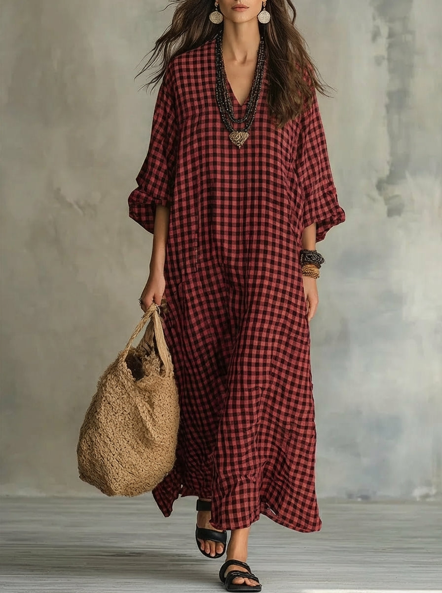 V-Neck Long Sleeve Gingham Check Linen Loose Maxi Dress 8