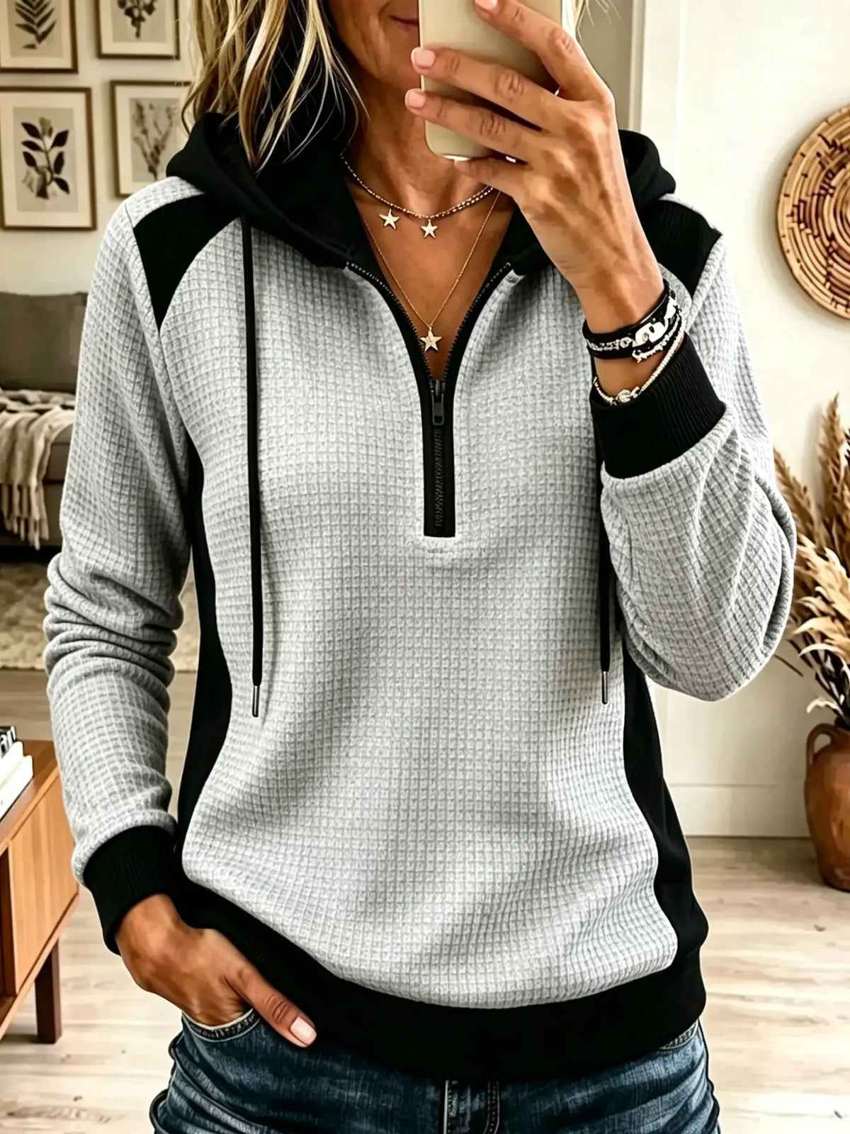 Grey Hooded Quarter Zip Colorblock Waffle Knit Long Sleeve Sweatshirt