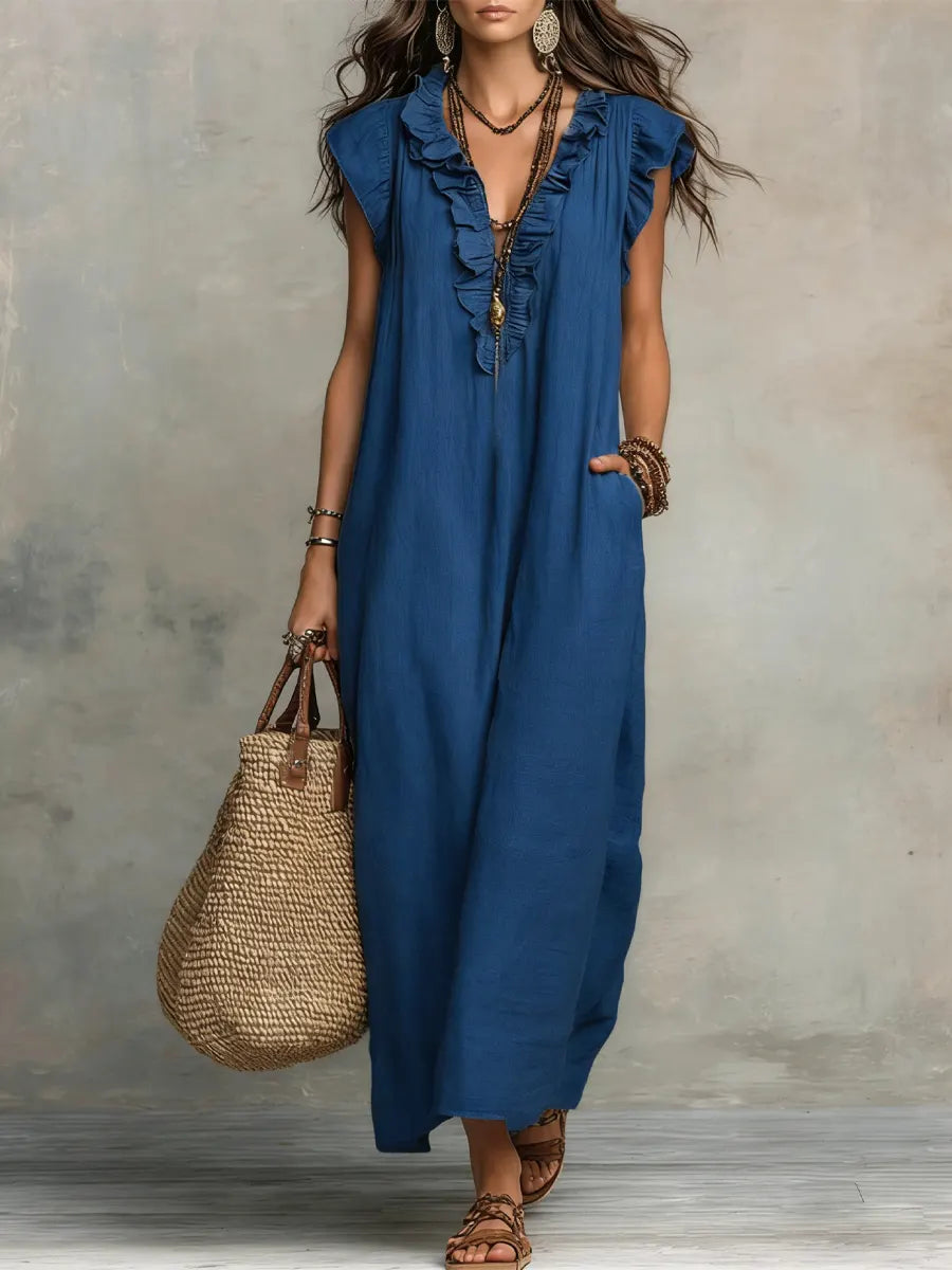 Ruffle V-Neck Flutter Sleeve Linen Relaxed Maxi Dress 5