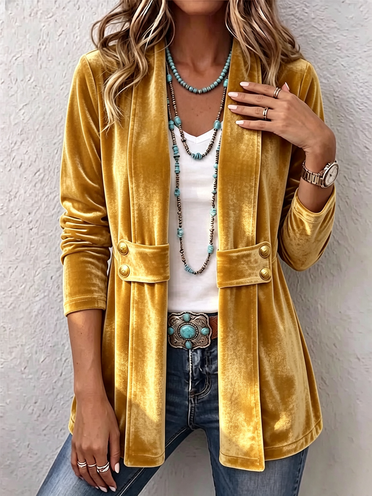 Lapel Collar Velvet Button Accent Open Front Jacket 7