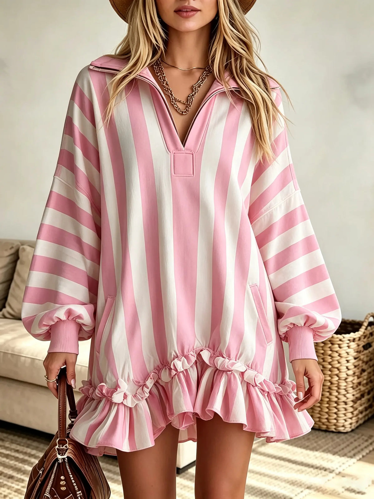 Pink Collared Striped Ruffle Hem Long Sleeve Sweatshirt Dress