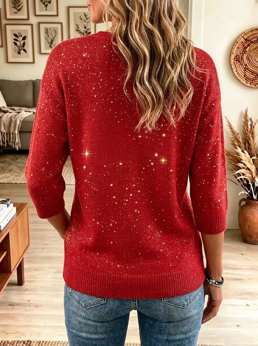 Red V-Neck Glitter Rhinestone Christmas Letter Long Sleeve Sweater 2