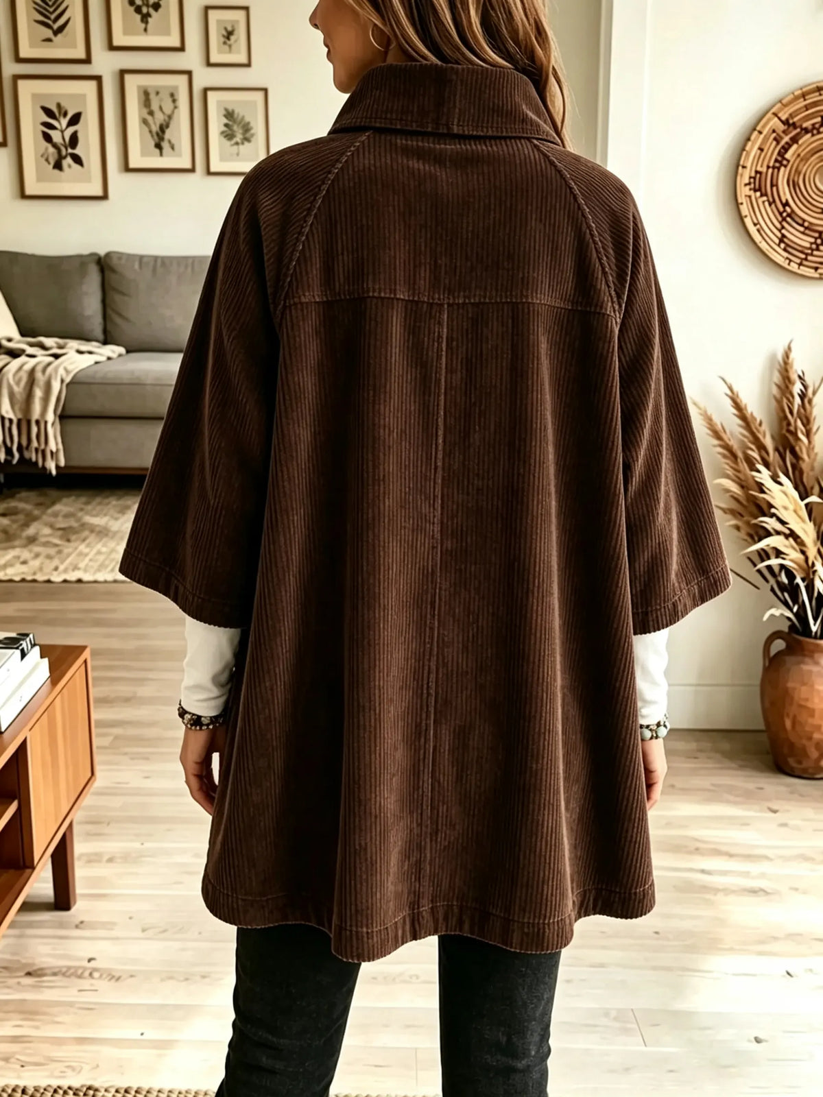 Stand Collar Button Front Oversized Corduroy Poncho Coat 2