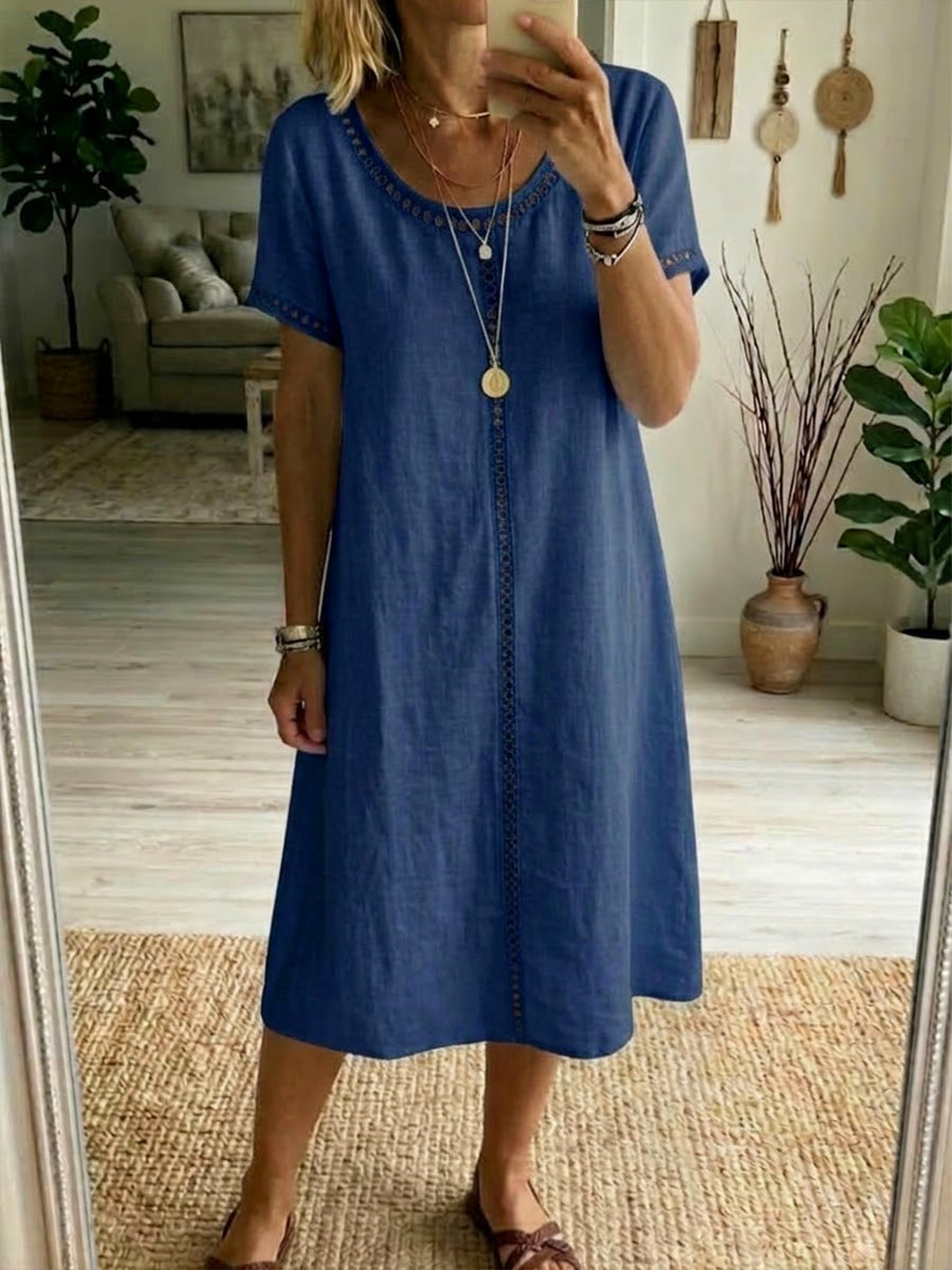 Round Neck Openwork Trim Short Sleeve Linen Midi Dress 3