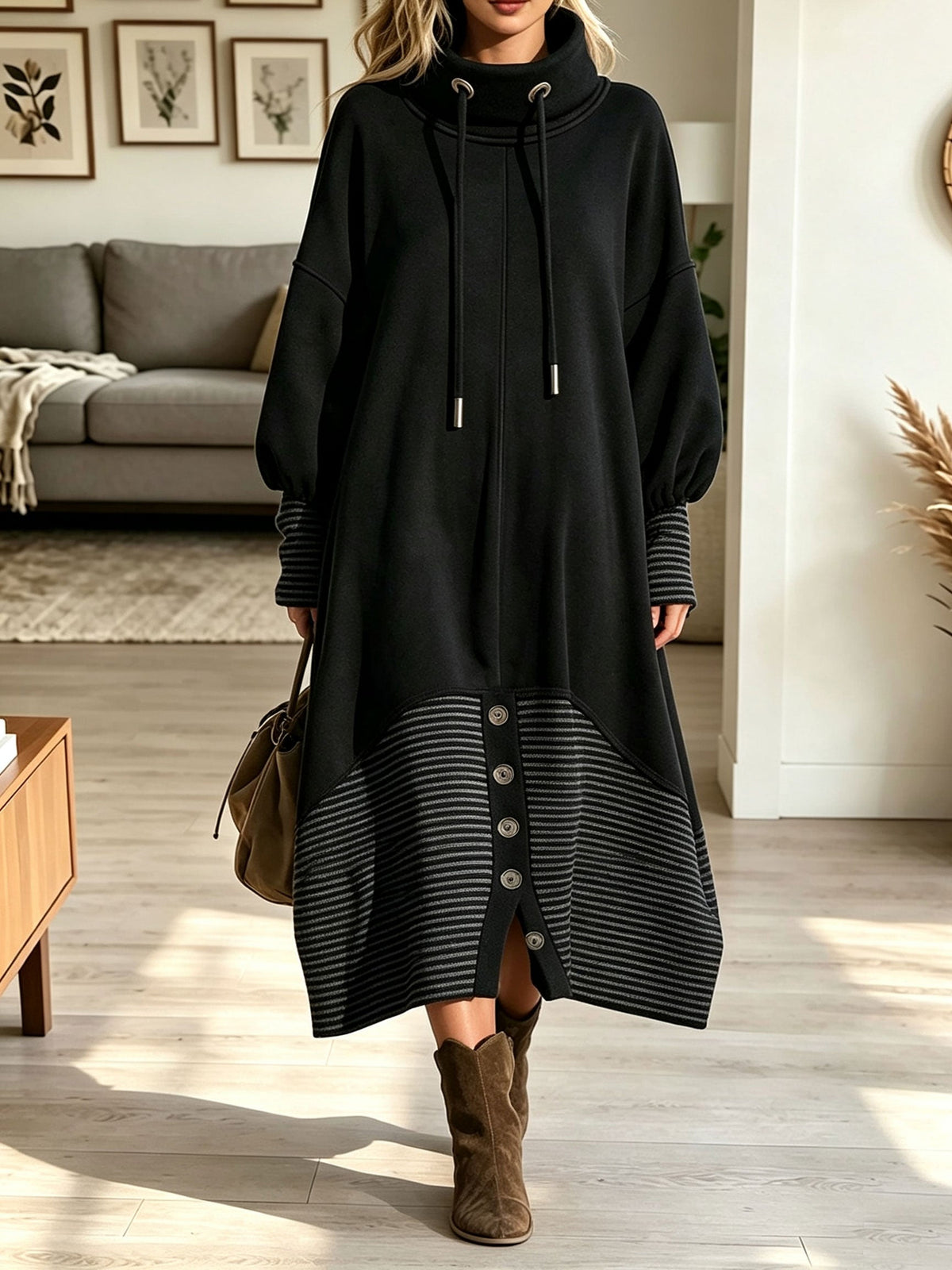 Black Funnel Neck Drawstring Striped Button Hem Balloon Sleeve Midi Dress