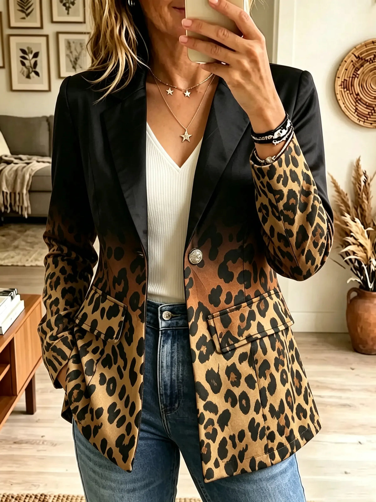 Black Notched Lapel Ombre Leopard Print Single Button Blazer