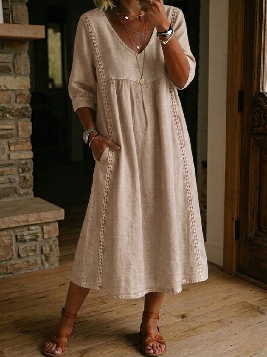 Oatmeal V-Neck Linen Crochet Trim Three-Quarter Sleeve Pocket A-Line Midi Dress