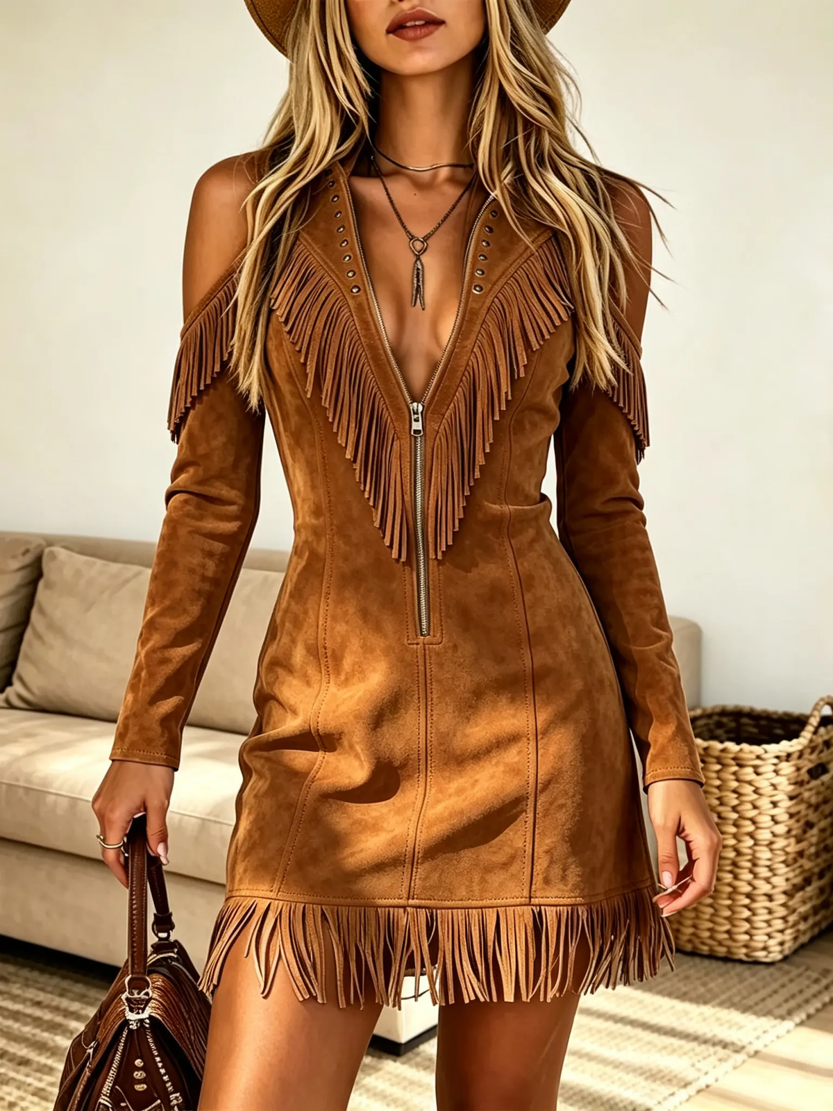 Zip Front Cold Shoulder Suede Fringe A-Line Mini Dress