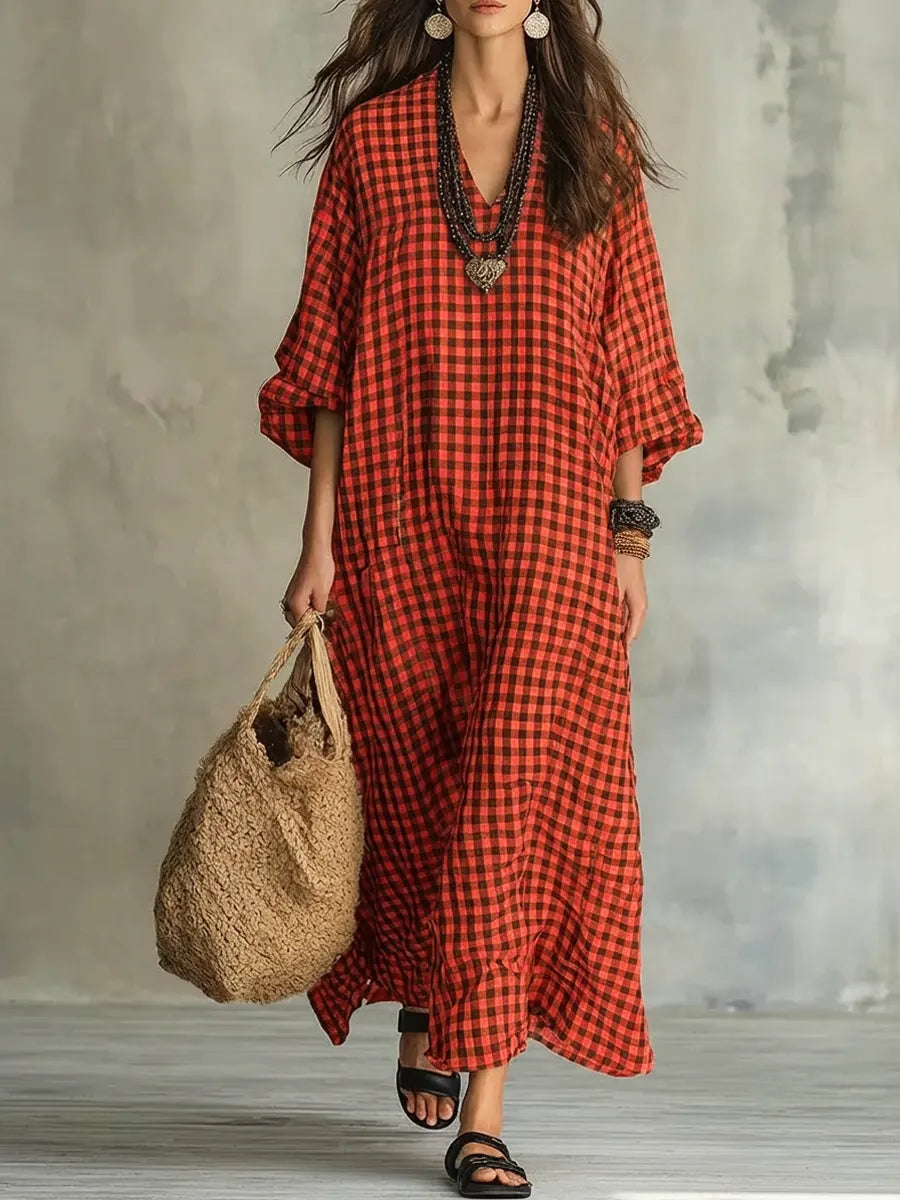 V-Neck Long Sleeve Gingham Check Linen Loose Maxi Dress 9