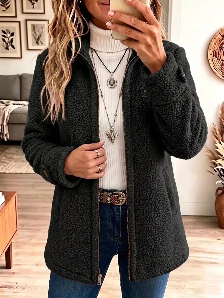 Stand Collar Zip Front Button Cuff Teddy Fleece Jacket 2