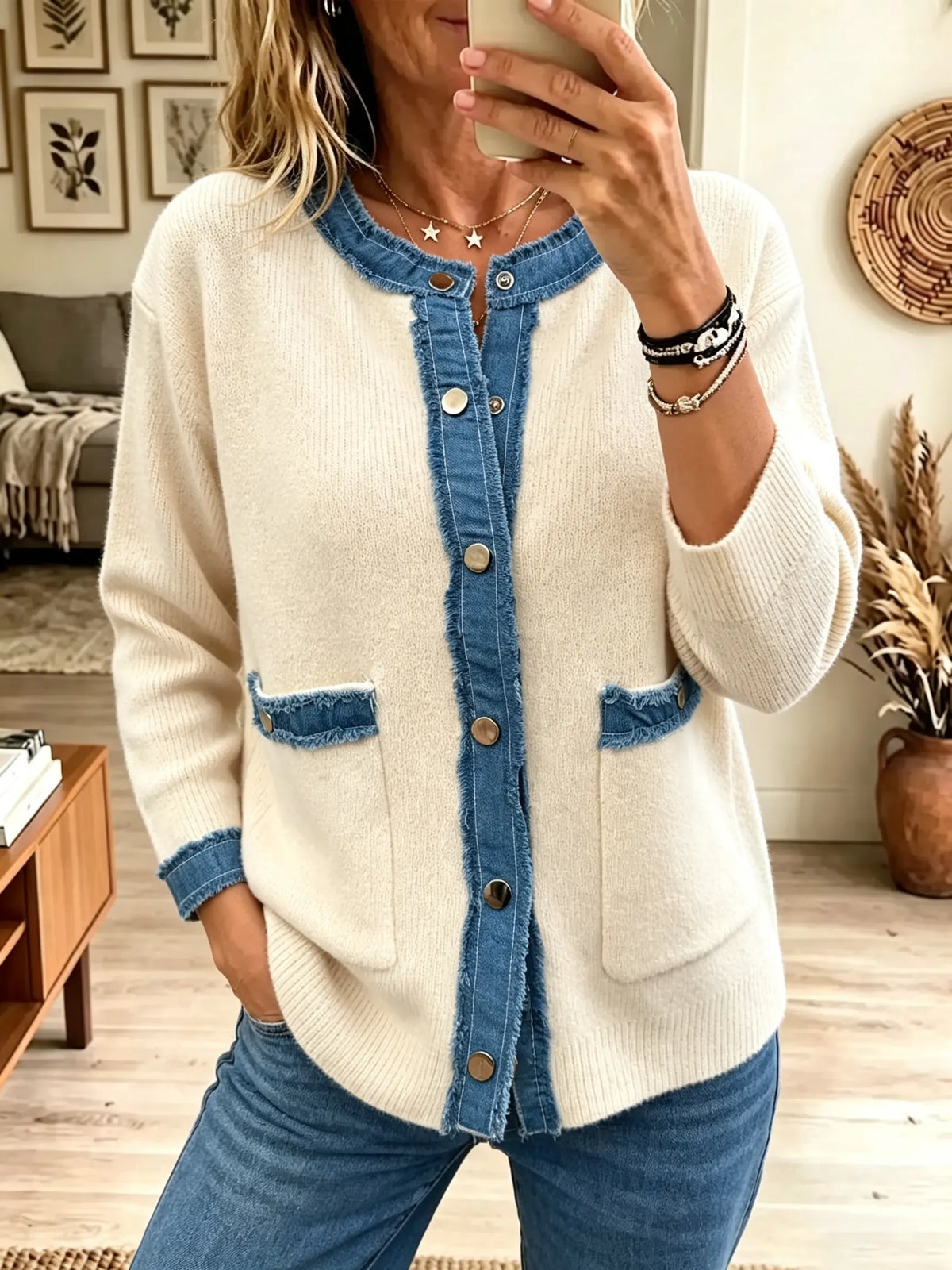 Cream Round Neck Frayed Denim Trim Knit Button Cardigan