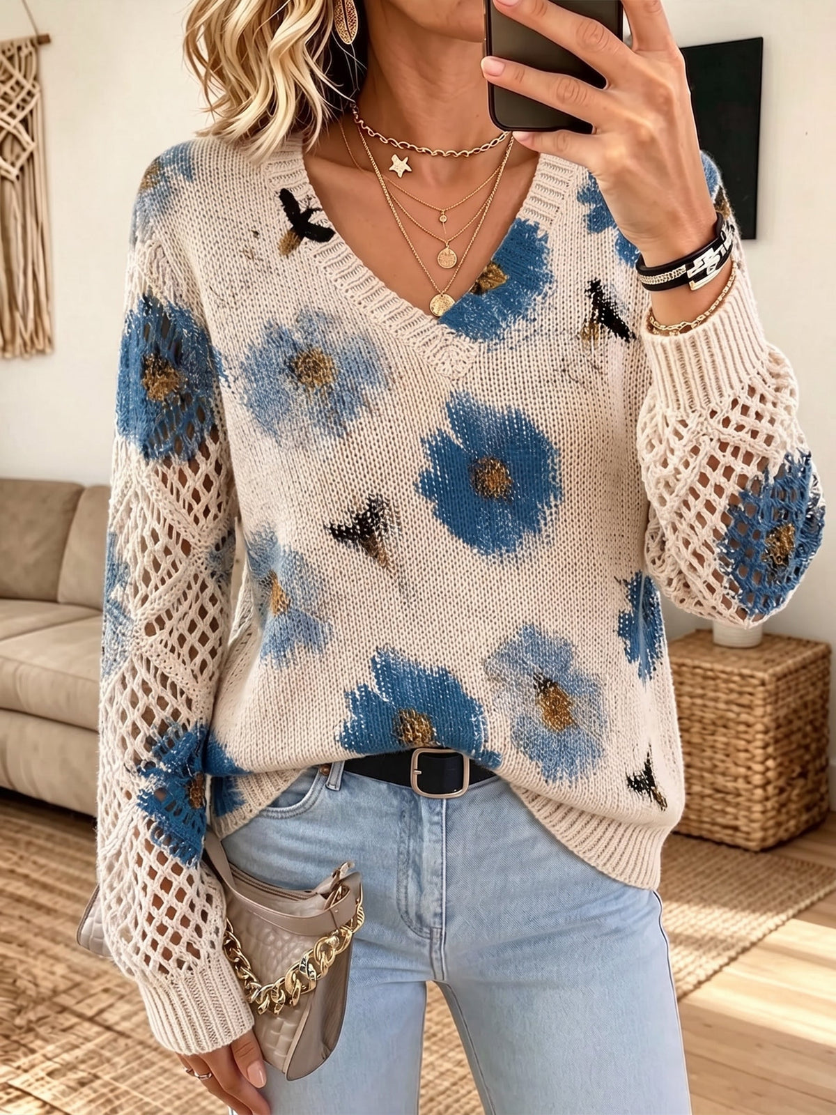 V-Neck Floral Crochet Hollow Sleeve Knit Sweater 2