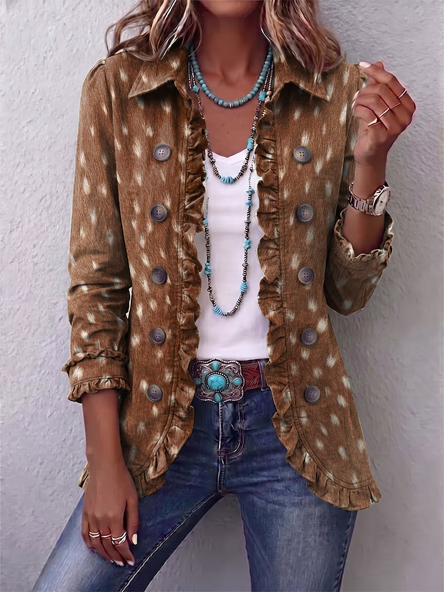 Brown Collared Spotted Print Double-Breasted Ruffle Trim Long Sleeve Jacket