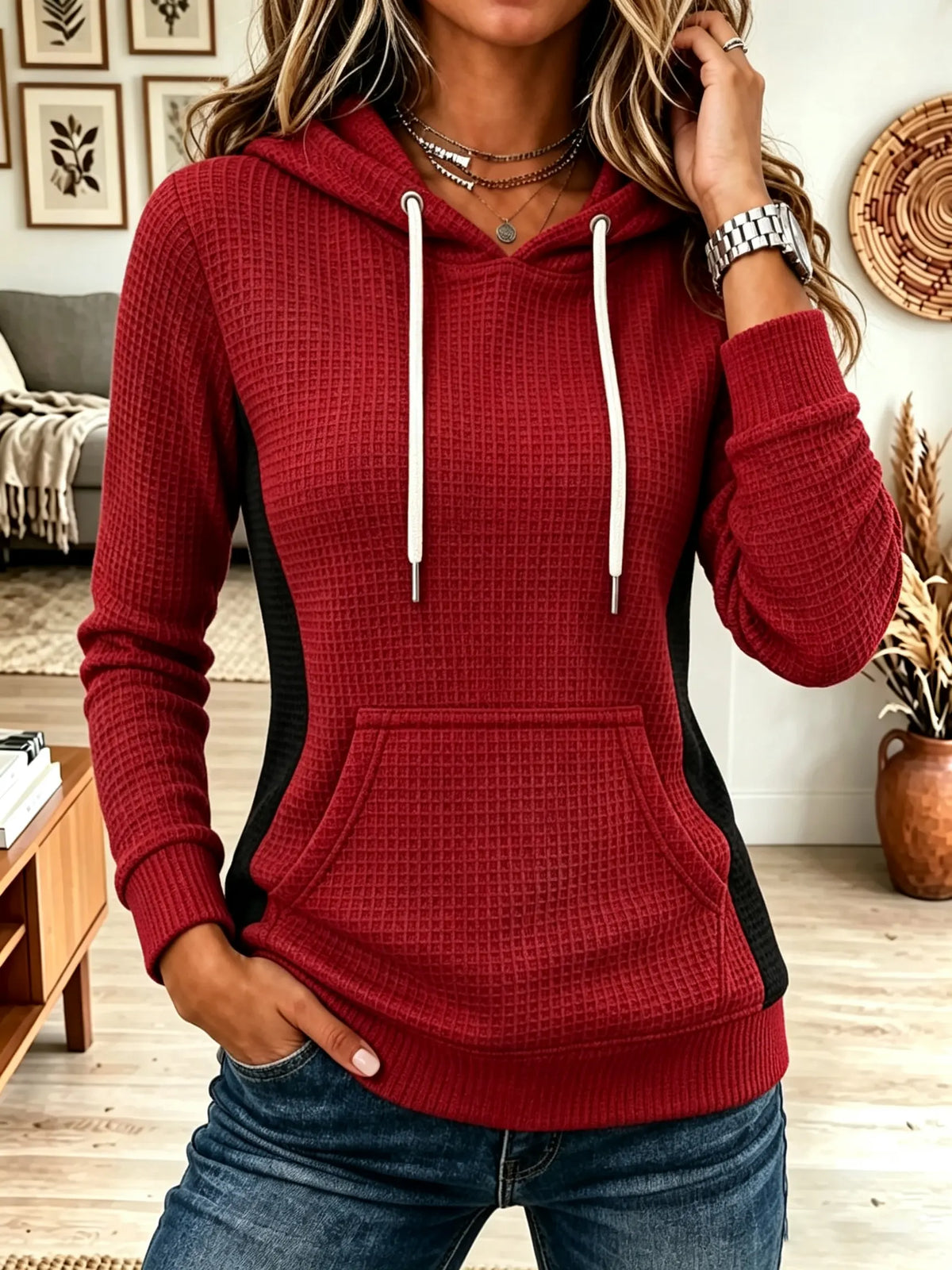 Red Waffle Knit Colorblock Drawstring Kangaroo Pocket Hoodie