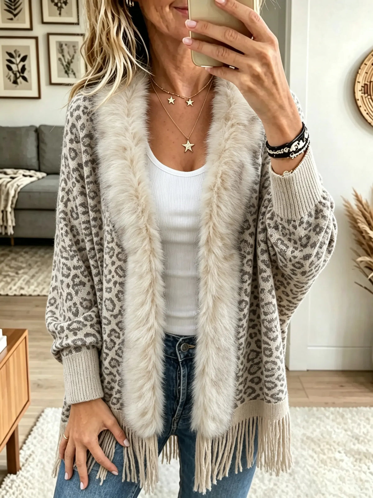 Leopard Faux Fur Collar Fringe Hem Open Front Cardigan 3