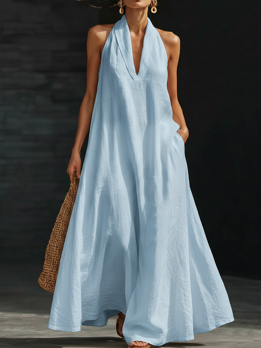 Halter Neck Deep V Sleeveless Flowy A-Line Maxi Dress 6