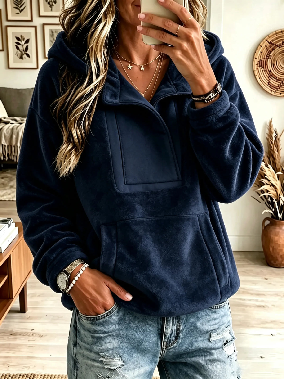 Hooded Half-Zip Kangaroo Pocket Teddy Fleece Pullover 4