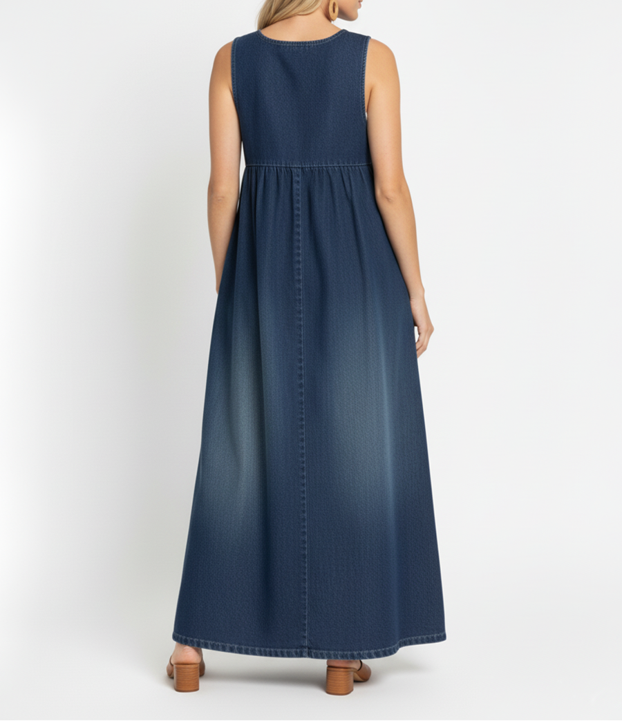 Blue Scoop Neck Sleeveless Washed Denim Empire Waist Flowy Maxi Dress 3