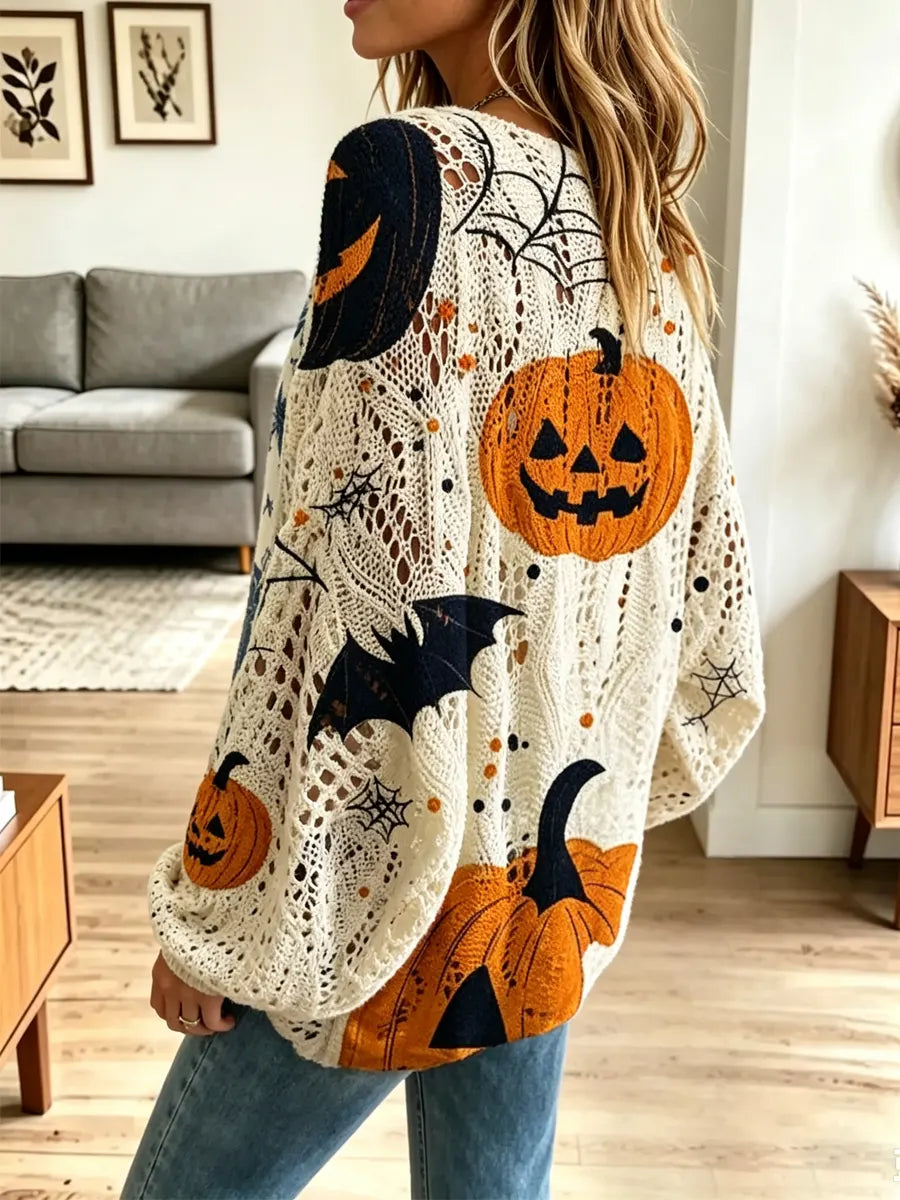 Apricot Scoop Neck Pumpkin Pattern Pointelle Knit Loose Sweater 2