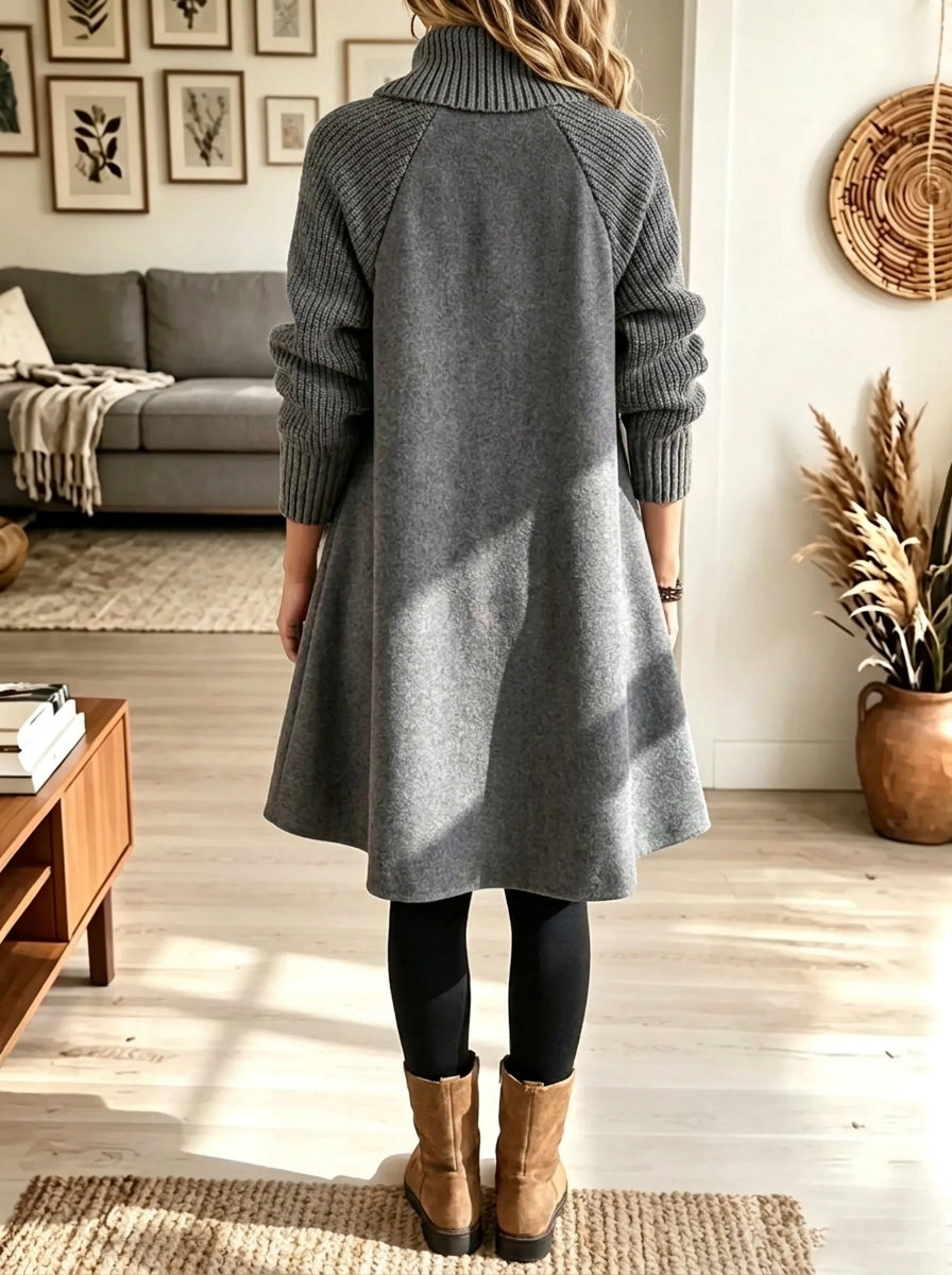 Grey Turtleneck Button Front Knit Sleeve Swing Woolen Cape Coat 2