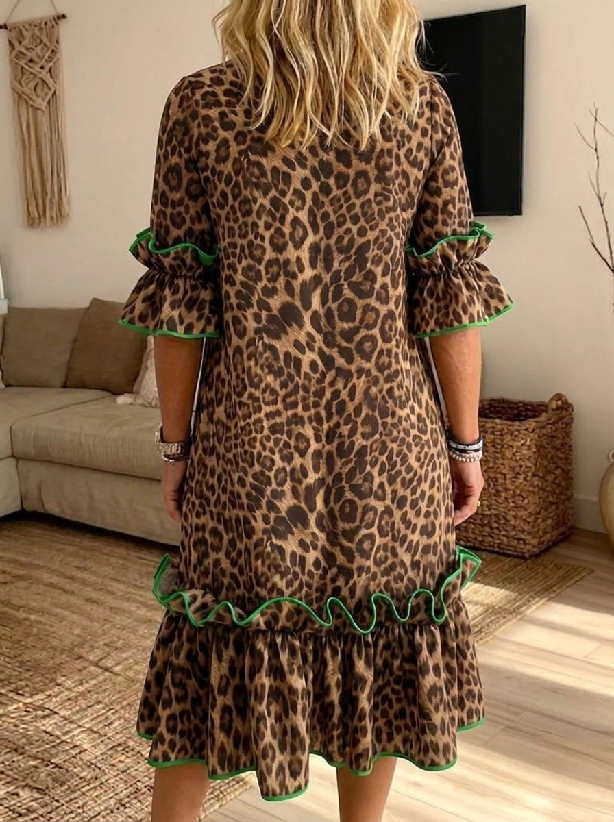 Coffee Round Neck Leopard Ruffle Sleeve Contrast Trim Tiered Midi Dress 2