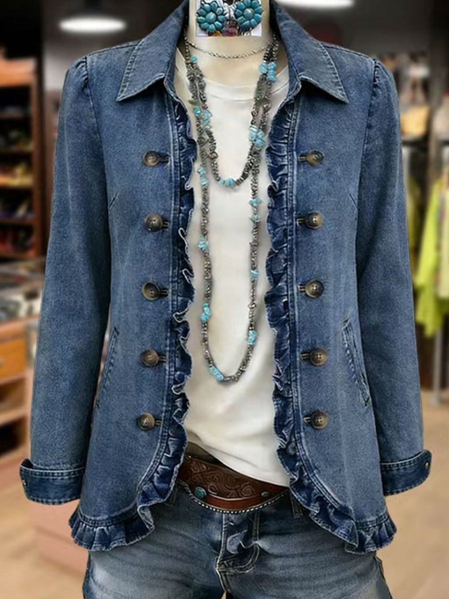 Medium Blue Collared Denim Ruffle Trim Button-Front Long Sleeve Jacket 2