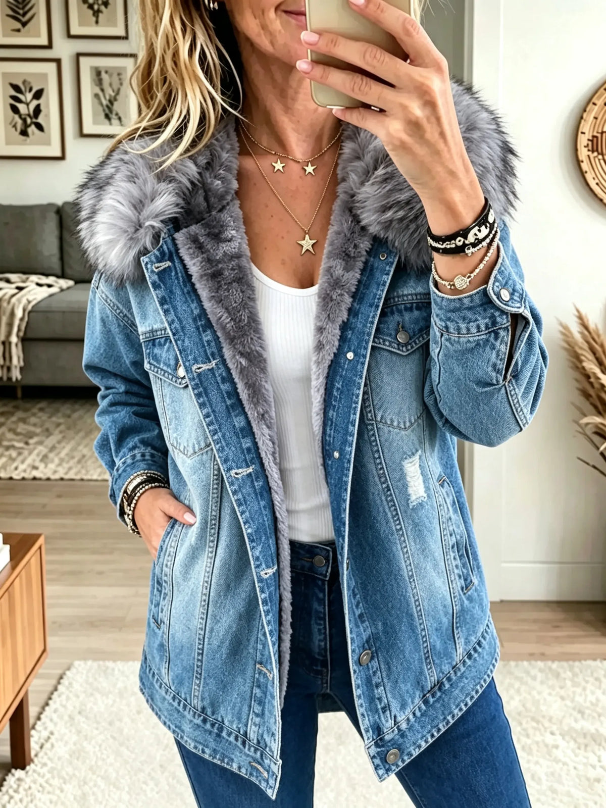 Faux Fur Collar Fleece Lined Distressed Longline Denim Jacket 2