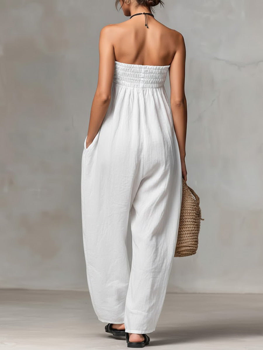 Strapless Shirred Drawstring Wide Leg Jumpsuit 4