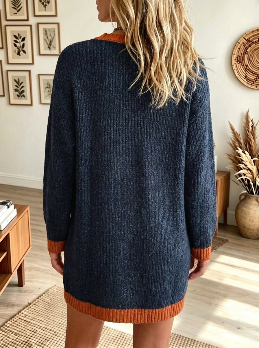 Navyblue V-Neck Contrast Trim Button Front Patch Pocket Knit Cardigan 2