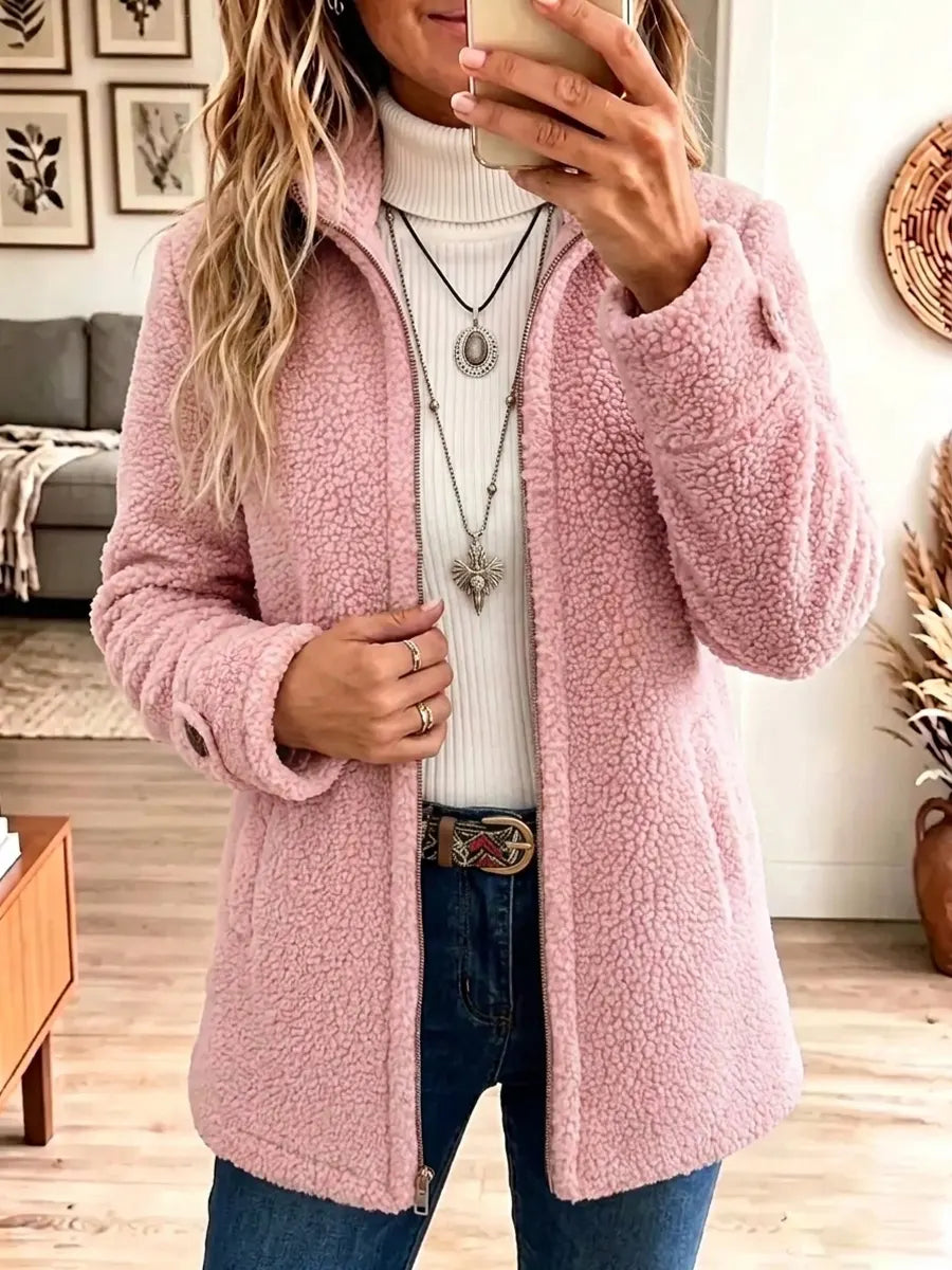 Stand Collar Zip Front Button Cuff Teddy Fleece Jacket 3