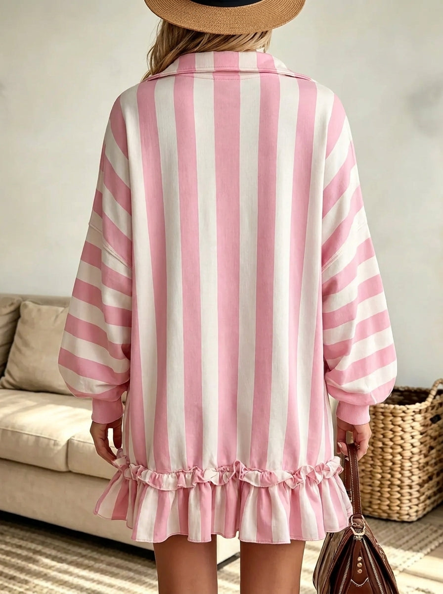 Pink Collared Striped Ruffle Hem Long Sleeve Sweatshirt Dress 2